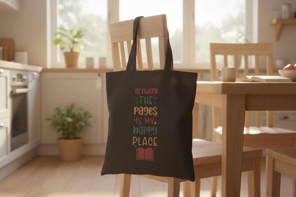"Between The Pages is My Happy Place" Canvas Tote